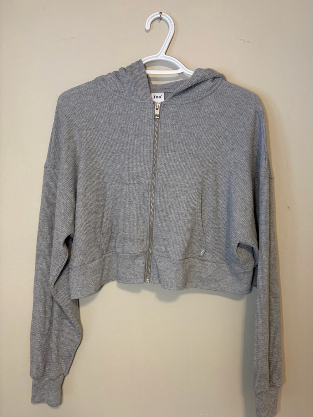 Aritzia Tna Cropped Waffle Zip Hoodie in Heather Gray
